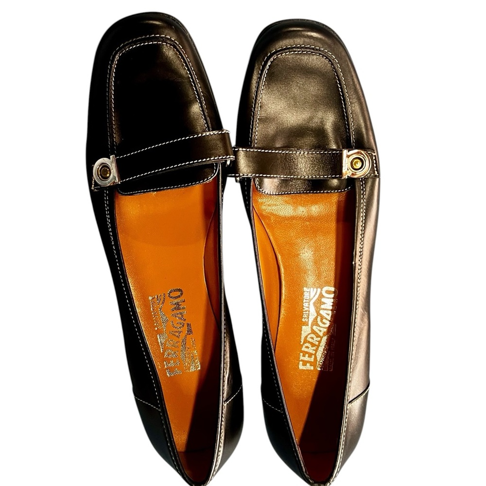 Salvatore Ferragamo Black Leather Loafers with Orange Insole